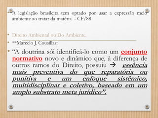 • A legislação brasileira tem optado por usar a expressão meio
ambiente ao tratar da matéria - CF/88
• Direito Ambiental ou Do Ambiente.
• **Marcelo J. Cousillas:
• “A doutrina sói identificá-lo como um conjunto
normativo novo e dinâmico que, à diferença de
outros ramos do Direito, possuiu  essência
mais preventiva do que reparatória ou
punitiva e um enfoque sistêmico,
multidisciplinar e coletivo, baseado em um
amplo substrato meta jurídico”.
 