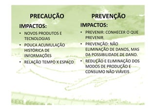 PRECAUÇÃO                  PREVENÇÃO
IMPACTOS:                  IMPACTOS:
• NOVOS PRODUTOS E         • PREVENIR: CONHECER O QUE 
  TECNOLOGIAS                PREVENIR
• POUCA ACUMULAÇÃO         • PREVENÇÃO: NÃO 
                                     Ã     Ã
  HISTÓRICA DE               ELIMINAÇÃO DE DANOS, MAS 
  INFORMAÇÕES                DA POSSIBILIDADE DE DANO.
                             DA POSSIBILIDADE DE DANO
• RELAÇÃO TEMPO X ESPAÇO   • REDUÇÃO E ELIMINAÇÃO DOS 
                             MODOS DE PRODUÇÃO E 
                             MODOS DE PRODUÇÃO E
                             CONSUMO NÃO VIÁVEIS
 