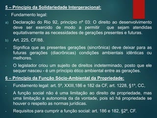 5 – Princípio da Solidariedade Intergeracional:
- Fundamento legal:
a) Declaração do Rio 92, princípio nº 03: O direito ao desenvolvimento
deve ser exercido de modo a permitir que sejam atendidas
equitativamente as necessidades de gerações presentes e futuras.
b) Art. 225, CF/88.
- Significa que as presentes gerações (sincrônica) deve deixar para as
futuras gerações (diacrônicas) condições ambientais idênticas ou
melhores.
- O legislador criou um sujeito de direitos indeterminado, posto que ele
sequer nasceu - é um príncipio ético ambiental entre as gerações.
6 – Princípio da Função Sócio-Ambiental da Propriedade:
- Fundamento legal: art. 5º, XXIII,186 e 182 da CF, art. 1228, §1º, CC,
- A função social não é uma limitação ao direito de propriedade, mas
uma limitação a autonomia da da vontade, pois só há propriedade se
houver o respeito as normas jurídicas.
- Requisitos para cumprir a função social: art. 186 e 182, §2º, CF.
 