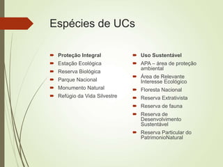 Espécies de UCs
 Proteção Integral
 Estação Ecológica
 Reserva Biológica
 Parque Nacional
 Monumento Natural
 Refúgio da Vida Silvestre
 Uso Sustentável
 APA – área de proteção
ambiental
 Área de Relevante
Interesse Ecológico
 Floresta Nacional
 Reserva Extrativista
 Reserva de fauna
 Reserva de
Desenvolvimento
Sustentável
 Reserva Particular do
PatrimonioNatural
 