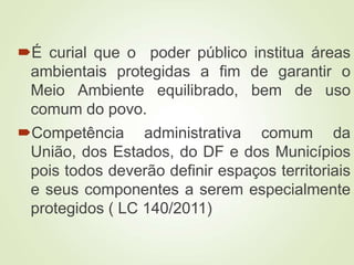 É curial que o poder público institua áreas
ambientais protegidas a fim de garantir o
Meio Ambiente equilibrado, bem de uso
comum do povo.
Competência administrativa comum da
União, dos Estados, do DF e dos Municípios
pois todos deverão definir espaços territoriais
e seus componentes a serem especialmente
protegidos ( LC 140/2011)
 