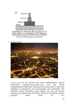 28
 Poluição luminosa
Poluição Luminosa é um assunto de pouco conhecimento. Alguns
confundem poluição luminosa com visual, que são coisas
completamente diferentes. A poluição luminosa ataca o bolso dos
cidadãos e particulares com propriedades mal iluminadas. Por
exemplo: essas lâmpadas azuis usadas nas ruas de nossas
cidades têm potência de 500 Watts. Porém as luminárias deixam
escapar maior parte da luz.
 