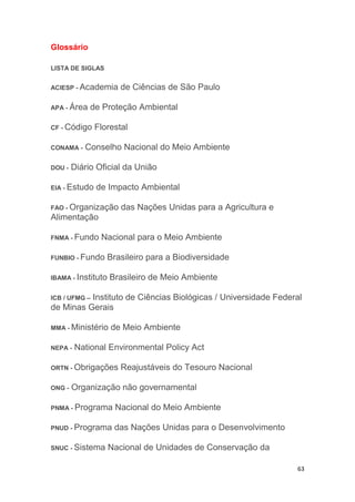 63
Glossário
LISTA DE SIGLAS
ACIESP - Academia de Ciências de São Paulo
APA - Área de Proteção Ambiental
CF - Código Florestal
CONAMA - Conselho Nacional do Meio Ambiente
DOU - Diário Oficial da União
EIA - Estudo de Impacto Ambiental
FAO - Organização das Nações Unidas para a Agricultura e
Alimentação
FNMA - Fundo Nacional para o Meio Ambiente
FUNBIO - Fundo Brasileiro para a Biodiversidade
IBAMA - Instituto Brasileiro de Meio Ambiente
ICB / UFMG – Instituto de Ciências Biológicas / Universidade Federal
de Minas Gerais
MMA - Ministério de Meio Ambiente
NEPA - National Environmental Policy Act
ORTN - Obrigações Reajustáveis do Tesouro Nacional
ONG - Organização não governamental
PNMA - Programa Nacional do Meio Ambiente
PNUD - Programa das Nações Unidas para o Desenvolvimento
SNUC - Sistema Nacional de Unidades de Conservação da
 
