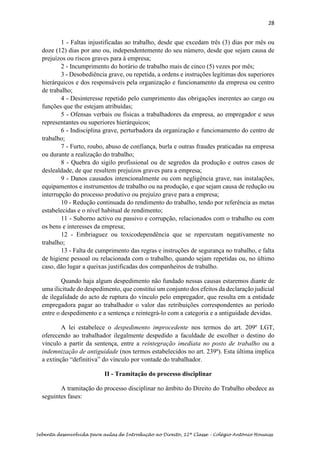 28
Sebenta desenvolvida para aulas de Introdução ao Direito, 12ª Classe – Colégio António Houaiss
1 - Faltas injustificadas ao trabalho, desde que excedam três (3) dias por mês ou
doze (12) dias por ano ou, independentemente do seu número, desde que sejam causa de
prejuízos ou riscos graves para à empresa;
2 - Incumprimento do horário de trabalho mais de cinco (5) vezes por mês;
3 - Desobediência grave, ou repetida, a ordens e instruções legítimas dos superiores
hierárquicos e dos responsáveis pela organização e funcionamento da empresa ou centro
de trabalho;
4 - Desinteresse repetido pelo cumprimento das obrigações inerentes ao cargo ou
funções que the estejam atribuídas;
5 - Ofensas verbais ou físicas a trabalhadores da empresa, ao empregador e seus
representantes ou superiores hierárquicos;
6 - Indisciplina grave, perturbadora da organização e funcionamento do centro de
trabalho;
7 - Furto, roubo, abuso de confiança, burla e outras fraudes praticadas na empresa
ou durante a realização do trabalho;
8 - Quebra do sigilo profissional ou de segredos da produção e outros casos de
deslealdade, de que resultem prejuízos graves para a empresa;
9 - Danos causados intencionalmente ou com negligência grave, nas instalações,
equipamentos e instrumentos de trabalho ou na produção, e que sejam causa de redução ou
interrupção do processo produtivo ou prejuízo grave para a empresa;
10 - Redução continuada do rendimento do trabalho, tendo por referência as metas
estabelecidas e o nível habitual de rendimento;
11 - Suborno activo ou passivo e corrupção, relacionados com o trabalho ou com
os bens e interesses da empresa;
12 - Embriaguez ou toxicodependência que se repercutam negativamente no
trabalho;
13 - Falta de cumprimento das regras e instruções de segurança no trabalho, e falta
de higiene pessoal ou relacionada com o trabalho, quando sejam repetidas ou, no último
caso, dão lugar a queixas justificadas dos companheiros de trabalho.
Quando haja algum despedimento não fundado nessas causas estaremos diante de
uma ilicitude do despedimento, que constitui um conjunto dos efeitos da declaração judicial
de ilegalidade do acto de ruptura do vínculo pelo empregador, que resulta em a entidade
empregadora pagar ao trabalhador o valor das retribuições correspondentes ao período
entre o despedimento e a sentença e reintegrá-lo com a categoria e a antiguidade devidas.
A lei estabelece o despedimento improcedente nos termos do art. 209º LGT,
oferecendo ao trabalhador ilegalmente despedido a faculdade de escolher o destino do
vínculo a partir da sentença, entre a reintegração imediata no posto de trabalho ou a
indemnização de antiguidade (nos termos estabelecidos no art. 239º). Esta última implica
a extinção “definitiva” do vínculo por vontade do trabalhador.
II - Tramitação do processo disciplinar
A tramitação do processo disciplinar no âmbito do Direito do Trabalho obedece as
seguintes fases:
 