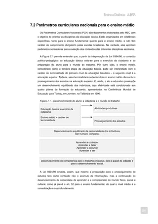 Ensino a Distância - ULBRA


7.2 Parâmetros curriculares nacionais para o ensino médio
      Os Parâmetros Curriculares Nacionais (PCN) são documentos elaborados pelo MEC com
    o objetivo de orientar as disciplinas da educação básica. Estão organizados em coletâneas
    específicas, tanto para o ensino fundamental quanto para o ensino médio, e não têm
    caráter de cumprimento obrigatório pelas escolas brasileiras. Na verdade, eles apontam
    parâmetros norteadores para a seleção dos conteúdos das diferentes disciplinas escolares.


      A Figura 7.1 permite entender que, a partir da intepretação da Lei 9394/96, o conteúdo
    político-pedagógico da educação básica volta-se para o exercício da cidadania e da
    preparação do aluno para o mundo do trabalho. Por outro lado, o ensino médio,
    considerado como a terceira etapa da educação básica, pode ser interpretado com o
    caráter de terminalidade do primeiro nível da educação brasileira – o segundo nível é a
    educação superior. Todavia, essa terminalidade subentendida no ensino médio não exclui o
    prosseguimento dos estudos na educação superior. E, ainda, o ato a educativo pressupõe
    um desenvolvimento equilibrado dos indivíduos, cuja efetividade está condicionada aos
    quatro pilares da formação do educando, apresentados na Conferência Mundial de
    Educação para Todos5, em Jomtien, na Tailândia em 1990.


      Figura 7.1 – Desenvolvimento do aluno: a cidadania e o mundo do trabalho


      Educação básica: exercício da                     Atividades produtivas
      cidadania

      Ensino médio = caráter de
      terminalidade                                     Prosseguimento dos estudos



                   Desenvolvimento equilibrado da personalidade dos indivíduos.
                                     Ser humano completo.


                                       Aprender a conhecer
                                         Aprender a fazer
                                       Aprender a conviver
                                          Aprender a ser



       Desenvolvimento de competência para o trabalho produtivo, para o papel do cidadão e
                               para o desenvolvimento social.


      A Lei 9394/96 sinaliza, assim, que mesmo a preparação para o prosseguimento de
    estudos terá como conteúdo não o acúmulo de informações, mas a continuação do
    desenvolvimento da capacidade de aprender e a compreensão do mundo físico, social e
    cultural, como já prevê o art. 32 para o ensino fundamental, do qual o nível médio é a
    consolidação e o aprofundamento.




                                                                                                54
 