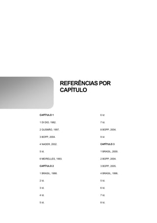 REFERÊNCIAS POR
                  CAPÍTULO



CAPÍTULO 1                   6 Id


1 DI DIO, 1982.              7 Id.


2 GUSMÃO, 1997.              8 BOPP, 2004.


3 BOPP, 2004.                9 Id


4 NADER, 2002.               CAPÍTULO 3


5 Id.                        1 BRASIL, 2000.


6 MEIRELLES, 1993.           2 BOPP, 2004.


CAPÍTULO 2                   3 BOPP, 2005.


1 BRASIL, 1988.              4 BRASIL, 1996.


2 Id.                        5 Id.


3 Id.                        6 Id.


4 Id.                        7 Id.


5 Id.                        8 Id.
 