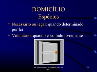 Os Elementos da Relação Jurídica no
CC
20
DOMICÍLIO
Espécies
• Necessário ou legal: quando determinado
por lei
• Voluntário: quando escolhido livremente
 