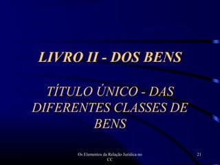 Os Elementos da Relação Jurídica no
CC
21
LIVRO II - DOS BENS
TÍTULO ÚNICO - DAS
DIFERENTES CLASSES DE
BENS
 