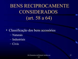 Os Elementos da Relação Jurídica no
CC
25
• Classificação dos bens acessórios
– Naturais
– Industriais
– Civis
BENS RECIPROCAMENTE
CONSIDERADOS
(art. 58 a 64)
 