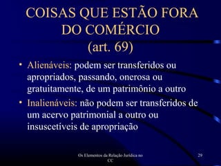 Os Elementos da Relação Jurídica no
CC
29
COISAS QUE ESTÃO FORA
DO COMÉRCIO
(art. 69)
• Alienáveis: podem ser transferidos ou
apropriados, passando, onerosa ou
gratuitamente, de um patrimônio a outro
• Inalienáveis: não podem ser transferidos de
um acervo patrimonial a outro ou
insuscetíveis de apropriação
 