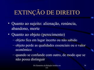 Os Elementos da Relação Jurídica no
CC
36
EXTINÇÃO DE DIREITO
• Quanto ao sujeito: alienação, renúncia,
abandono, morte
• Quanto ao objeto (perecimento)
– objeto fica em lugar incerto ou não sabido
– objeto perde as qualidades essenciais ou o valor
econômico
– quando se confunde com outro, de modo que se
não possa distinguir
 