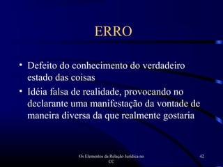 Os Elementos da Relação Jurídica no
CC
42
• Defeito do conhecimento do verdadeiro
estado das coisas
• Idéia falsa de realidade, provocando no
declarante uma manifestação da vontade de
maneira diversa da que realmente gostaria
ERRO
 