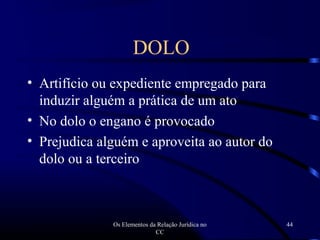 Os Elementos da Relação Jurídica no
CC
44
• Artifício ou expediente empregado para
induzir alguém a prática de um ato
• No dolo o engano é provocado
• Prejudica alguém e aproveita ao autor do
dolo ou a terceiro
DOLO
 