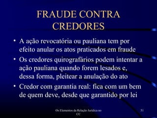 Os Elementos da Relação Jurídica no
CC
51
• A ação revocatória ou pauliana tem por
efeito anular os atos praticados em fraude
• Os credores quirografários podem intentar a
ação pauliana quando forem lesados e,
dessa forma, pleitear a anulação do ato
• Credor com garantia real: fica com um bem
de quem deve, desde que garantido por lei
FRAUDE CONTRA
CREDORES
 