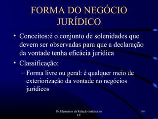 Os Elementos da Relação Jurídica no
CC
64
FORMA DO NEGÓCIO
JURÍDICO
• Conceitos:é o conjunto de solenidades que
devem ser observadas para que a declaração
da vontade tenha eficácia jurídica
• Classificação:
– Forma livre ou geral: é qualquer meio de
exteriorização da vontade no negócios
jurídicos
 