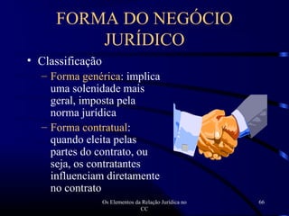Os Elementos da Relação Jurídica no
CC
66
• Classificação
– Forma genérica: implica
uma solenidade mais
geral, imposta pela
norma jurídica
– Forma contratual:
quando eleita pelas
partes do contrato, ou
seja, os contratantes
influenciam diretamente
no contrato
FORMA DO NEGÓCIO
JURÍDICO
 