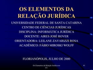 Os Elementos da Relação Jurídica no
CC
81
OS ELEMENTOS DA
RELAÇÃO JURÍDICA
UNIVERSIDADE FEDERAL DE SANTA CATARINA
CENTRO DE CIÊNCIAS JURÍDICAS
DISCIPLINA: INFORMÁTICA JURÍDICA
DOCENTE: AIRES JOSÉ ROVER
ORIENTADORA: LEILANE ZAVARIZZI ROSA
ACADÊMICO: FÁBIO MIROSKI WOLFF
FLORIANÓPOLIS, JULHO DE 2000
 