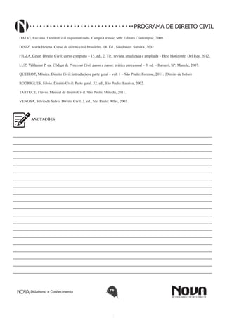 PROGRAMA DE DIREITO CIVIL
DALVI, Luciano. Direito Civil esquematizado. Campo Grande, MS: Editora Contemplar, 2009.
DINIZ, Maria Helena. Curso de direito civil brasileiro. 18. Ed., São Paulo: Saraiva, 2002.
FIUZA, César. Direito Civil: curso completo – 15. ed., 2. Tir., revista, atualizada e ampliada – Belo Horizonte: Del Rey, 2012.
LUZ, Valdemar P. da. Código de Processo Civil passo a passo: prática processual – 3. ed. – Barueri, SP: Manole, 2007.
QUEIROZ, Mônica. Direito Civil: introdução e parte geral – vol. 1 – São Paulo: Forense, 2011. (Direito de bolso)
RODRIGUES, Silvio. Direito Civil: Parte geral. 32. ed., São Paulo: Saraiva, 2002.
TARTUCE, Flávio. Manual de direito Civil. São Paulo: Método, 2011.
VENOSA, Silvio de Salvo. Direito Civil. 3. ed., São Paulo: Atlas, 2003.

ANOTAÇÕES

————————————————————————————————————————————————————
————————————————————————————————————————————————————
————————————————————————————————————————————————————
————————————————————————————————————————————————————
————————————————————————————————————————————————————
————————————————————————————————————————————————————
————————————————————————————————————————————————————
————————————————————————————————————————————————————
————————————————————————————————————————————————————
————————————————————————————————————————————————————
————————————————————————————————————————————————————
————————————————————————————————————————————————————
————————————————————————————————————————————————————
————————————————————————————————————————————————————
————————————————————————————————————————————————————
————————————————————————————————————————————————————
————————————————————————————————————————————————————
————————————————————————————————————————————————————
————————————————————————————————————————————————————
————————————————————————————————————————————————————

Didatismo e Conhecimento

76

 