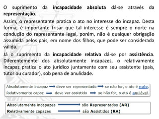 O suprimento da incapacidade absoluta dá-se através da
representação.
Assim, o representante pratica o ato no interesse do incapaz. Desta
forma, é importante frisar que tal interesse é sempre o norte na
condução do representante legal, porém, não é qualquer obrigação
assumida pelos pais, em nome dos filhos, que pode ser considerada
válida.
Já o suprimento da incapacidade relativa dá-se por assistência.
Diferentemente dos absolutamente incapazes, o relativamente
incapaz pratica o ato jurídico juntamente com seu assistente (pais,
tutor ou curador), sob pena de anulidade.
 