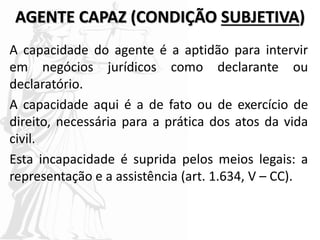AGENTE CAPAZ (CONDIÇÃO SUBJETIVA)
A capacidade do agente é a aptidão para intervir
em negócios jurídicos como declarante ou
declaratório.
A capacidade aqui é a de fato ou de exercício de
direito, necessária para a prática dos atos da vida
civil.
Esta incapacidade é suprida pelos meios legais: a
representação e a assistência (art. 1.634, V – CC).
 