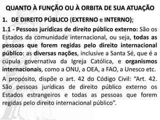 QUANTO À FUNÇÃO OU À ORBITA DE SUA ATUAÇÃO
1. DE DIREITO PÚBLICO (EXTERNO e INTERNO);
1.1 - Pessoas jurídicas de direito público externo: São os
Estados da comunidade internacional, ou seja, todas as
pessoas que forem regidas pelo direito internacional
público: as diversas nações, inclusive a Santa Sé, que é a
cúpula governativa da Igreja Católica, e organismos
internacionais, como a ONU, a OEA, a FAO, a Unesco etc.
A propósito, dispõe o art. 42 do Código Civil: “Art. 42.
São pessoas jurídicas de direito público externo os
Estados estrangeiros e todas as pessoas que forem
regidas pelo direito internacional público”.
 