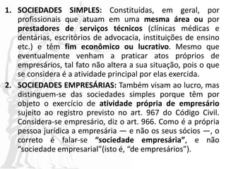 1. SOCIEDADES SIMPLES: Constituídas, em geral, por
profissionais que atuam em uma mesma área ou por
prestadores de serviços técnicos (clínicas médicas e
dentárias, escritórios de advocacia, instituições de ensino
etc.) e têm fim econômico ou lucrativo. Mesmo que
eventualmente venham a praticar atos próprios de
empresários, tal fato não altera a sua situação, pois o que
se considera é a atividade principal por elas exercida.
2. SOCIEDADES EMPRESÁRIAS: Também visam ao lucro, mas
distinguem-se das sociedades simples porque têm por
objeto o exercício de atividade própria de empresário
sujeito ao registro previsto no art. 967 do Código Civil.
Considera-se empresário, diz o art. 966. Como é a própria
pessoa jurídica a empresária — e não os seus sócios —, o
correto é falar-se “sociedade empresária”, e não
“sociedade empresarial”(isto é, “de empresários”).
 