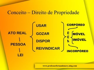 Conceito – Direito de Propriedade INCORPÓREO ATO   REAL IMÓVEL USAR GOZAR DISPOR REIVINDICAR PESSOA BEM MÓVEL LEI CORPÓREO www.professorfernandonery.ning.com 