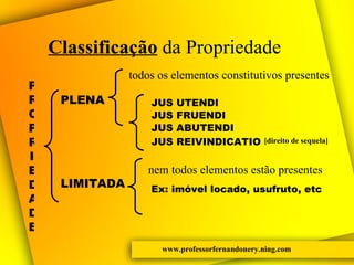 Classificação  da Propriedade [direito de sequela] PLENA LIMITADA todos os elementos constitutivos presentes JUS UTENDI JUS FRUENDI JUS ABUTENDI JUS REIVINDICATIO nem todos elementos estão presentes todos os elementos constitutivos presentes Ex: imóvel locado, usufruto, etc PROPRIEDADE www.professorfernandonery.ning.com 