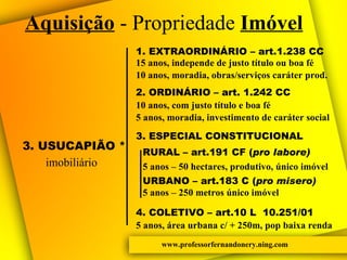 Aquisição  - Propriedade  Imóvel www.professorfernandonery.ning.com 3. USUCAPIÃO * 1. EXTRAORDINÁRIO – art.1.238 CC imobiliário 15 anos, independe de justo título ou boa fé 10 anos, moradia, obras/serviços caráter prod. 2. ORDINÁRIO – art. 1.242 CC 10 anos, com justo título e boa fé 5 anos, moradia, investimento de caráter social 3. ESPECIAL CONSTITUCIONAL 5 anos – 50 hectares, produtivo, único imóvel  RURAL – art.191 CF ( pro labore) 5 anos – 250 metros único imóvel  URBANO – art.183 C ( pro misero) 4. COLETIVO – art.10 L  10.251/01 5 anos, área urbana c/ + 250m, pop baixa renda 