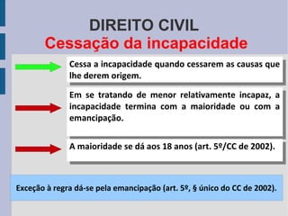 DIREITO CIVIL
Cessação da incapacidade
Cessa aaincapacidade quando cessarem as causas que
Cessa incapacidade quando cessarem as causas que
lhe derem origem.
lhe derem origem.
Em se tratando de menor relativamente incapaz, aa
Em se tratando de menor relativamente incapaz,
incapacidade termina com aa maioridade ou com aa
incapacidade termina com maioridade ou com
emancipação.
emancipação.
A maioridade se dá aos 18 anos (art. 5º/CC de 2002).
A maioridade se dá aos 18 anos (art. 5º/CC de 2002).

Exceção à regra dá-se pela emancipação (art. 5º, § único do CC de 2002).

 