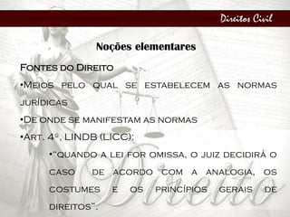 Direitos Civil
Noções elementares
Fontes do Direito
•Meios pelo qual se estabelecem as normas
jurídicas
•De onde se manifestam as normas
•Art. 4º, LINDB (LICC):
•“quando a lei for omissa, o juiz decidirá o
caso de acordo com a analogia, os
costumes e os princípios gerais de
direitos”.
 