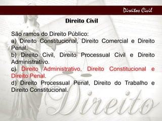 Direitos Civil
Direito Civil
São ramos do Direito Público:
a) Direito Constitucional, Direito Comercial e Direito
Penal.
b) Direito Civil, Direito Processual Civil e Direito
Administrativo.
c) Direito Administrativo, Direito Constitucional e
Direito Penal.
d) Direito Processual Penal, Direito do Trabalho e
Direito Constitucional.
 