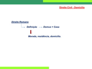 Direito Romano
Definição
Direito Civil - Domicílio
Domus = Casa
Morada, residência, domicílio.
 