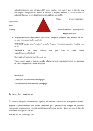 cc(inadimplemento das obrigações).O nosso código civil prevê que o devedor que
descumpre a obrigação fica sujeito a ressarcir o prejuízo podendo o credor recorrer ao
judiciário baseado no seu direito para a satisfação do seu credito.
Partes credor(es) accipien-
sujeito ativo
Shuld
Haftung devedor(es)solien – sujeito passivo
Objeto/prestação
B- As partes na relação obrigacional. Não existe a obrigação de apenas uma pessoa e sim de 2
ou mais pessoas.exemplo: consórcio
“CREDOR “em do latim “creditor” no verbo “credere” o mesmo quer dizer “confiar, crer,
ter fé”
“DEVEDOR “em latim “debitor” que quer dizer da coisa, divida,
sugestão(responsabilidade).
Na relação obrigacional o credor pode ser:
Maior, menor, capaz ou incapaz, casada, solteira, nacional ou estrangeira, isto é, a qualidade
de credor independe do estado da pessoa.
Observação:
- devedores solventes tem como a pagar
-devedores insolventes não tem como pagar.
PRESTAÇÃO DO OBJETO
É a causa da obrigação, normalmente é expressa por contrato, é o fim visado pelas parte ou pela lei.
Segundo o posicionamento dos juristas entendem que a prestação tem sempre um conteúdo
patrimonial, porque caso ao contrário seria impossível reparar perdas e danos no caso do devedor
descumprir a obrigação. Art 389.
Vide art 189,205,206 código civil
 
