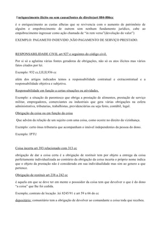 Enriquecimento ilícito ou sem causa(fontes de direito)art 884-886cc
è o enriquecimento as custas alheias que se revivencia com o aumento de patrimônio de
alguém e empobrecimento de outrem sem nenhum fundamento jurídico, cabe ao
empobrecimento ingressar como ação chamada de “in rem verso”(devolução do valor”)
EXEMPLO: PAGAMETO INDEVIDO ,NÃO PAGAMENTO DE SERVIÇO PRESTADO.
RESPONSABILIDADE CIVIL art 927 e seguintes do código civil.
Por si só a aglutina várias fontes geradoras de obrigações, não só os atos ilícitos mas vários
fatos citados por lei.
Exemplo: 932 cc,I,II,II,936 cc
além dos artigos indicados temos a responsabilidade contratual e extracontratual e a
responsabilidade objetiva e subjetiva.
Responsabilidade em função a certas situações ou atividades.
Exemplo: a situação de parentesco que obriga a prestação de alimentos, prestação de serviço
militar, empregadores, comerciantes ou industriais que gera várias obrigações na esfera
administrativa, tributarias, trabalhistas, previdenciárias ou seja festo, contábil, legal.
Obrigação da coisa ou em função da coisa
Que advém da relação de um sujeito com uma coisa, como ocorre no direito da vizinhança.
Exemplo: certo ônus tributaria que acompanham o imóvel independentes da pessoa do dono.
Exemplo: IPTU
Coisa incerta art 393 relacionado com 313 cc
obrigação de dar a coisa certa é a obrigação de restituir tem por objeto a entrega da coisa
perfeitamente individualizada ao contrário da obrigação da coisa incerta o próprio nome indica
que o objeto da prestação não é considerado em sua individualidade mas sim ao genero a que
pertence.
Obrigação de restituir art 238 a 242 cc
é aquela em que se deve ter em mente o possuidor da coisa tem que devolver o que é do dono
“a coisa” que lhe foi cedida.
Exemplo; contrato de locação .lei 8245/91 e art 59 a 66 do cc
depositário: comunitário tem a obrigação de devolver ao comandante a coisa toda que recebeu.
 