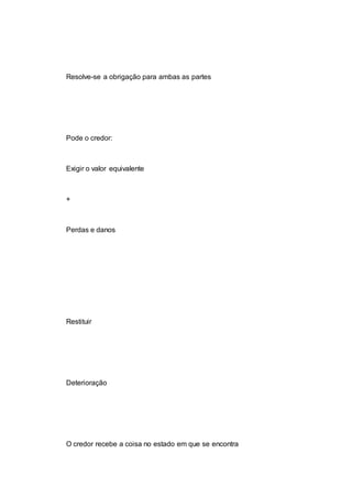 Resolve-se a obrigação para ambas as partes
Pode o credor:
Exigir o valor equivalente
+
Perdas e danos
Restituir
Deterioração
O credor recebe a coisa no estado em que se encontra
 