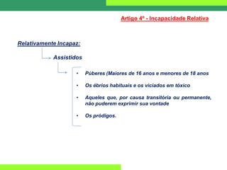 Relativamente Incapaz:
Artigo 4º - Incapacidade Relativa
Assistidos
• Púberes (Maiores de 16 anos e menores de 18 anos
• Os ébrios habituais e os viciados em tóxico
• Aqueles que, por causa transitória ou permanente,
não puderem exprimir sua vontade
• Os pródigos.
 
