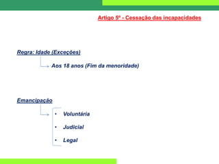Regra: Idade (Exceções)
Artigo 5º - Cessação das incapacidades
Aos 18 anos (Fim da menoridade)
Emancipação
• Voluntária
• Judicial
• Legal
 