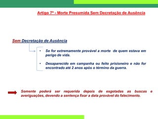 Sem Decretação de Ausência
Artigo 7º - Morte Presumida Sem Decretação de Ausência
• Se for extremamente provável a morte de quem estava em
perigo de vida.
• Desaparecido em campanha ou feito prisioneiro e não for
encontrado até 2 anos após o término da guerra.
Somente poderá ser requerida depois de esgotadas as buscas e
averiguações, devendo a sentença fixar a data provável do falecimento.
 