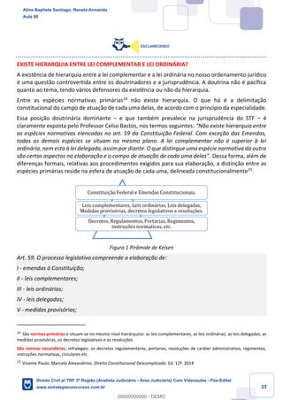33
EXISTE HIERARQUIA ENTRE LEI COMPLEMENTAR E LEI ORDINÁRIA?
A existência de hierarquia entre a lei complementar e a lei ordinária no nosso ordenamento jurídico
é uma questão controvertida entre os doutrinadores e a jurisprudência. A doutrina não é pacífica
quanto ao tema, tendo vários defensores da existência ou não da hierarquia.
Entre as espécies normativas primárias24
não existe hierarquia. O que há é a delimitação
constitucional do campo de atuação de cada uma delas, de acordo com o princípio da especialidade.
Essa posição doutrinária dominante – e que também prevalece na jurisprudência do STF – é
claramente exposta pelo Professor Celso Bastos, nos termos seguintes: “Não existe hierarquia entre
as espécies normativas elencadas no art. 59 da Constituição Federal. Com exceção das Emendas,
todas as demais espécies se situam no mesmo plano. A lei complementar não é superior à lei
ordinária, nem esta à lei delegada, assim por diante. O que distingue uma espécie normativa da outra
são certos aspectos na elaboração e o campo de atuação de cada uma delas”. Dessa forma, além de
diferenças formais, relativas aos procedimentos exigidos para sua elaboração, a distinção entre as
espécies primárias reside na esfera de atuação de cada uma, delineada constitucionalmente25
.
Figura 1 Pirâmide de Kelsen
Art. 59. O processo legislativo compreende a elaboração de:
I - emendas à Constituição;
II - leis complementares;
III - leis ordinárias;
IV - leis delegadas;
V - medidas provisórias;
24
São normas primárias e situam-se no mesmo nível hierárquico: as leis complementares, as leis ordinárias, as leis delegadas, as
medidas provisórias, os decretos legislativos e as resoluções.
São normas secundárias, infralegais: os decretos regulamentares, portarias, resoluções de caráter administrativo, regimentos,
instruções normativas, circulares etc.
25
Vicente Paulo; Marcelo Alexandrino. Direito Constitucional Descomplicado. Ed. 12ª. 2014
Constituição Federal e Emendas Constitucionais.
Leis complementares, Leis ordinárias, Leis delegadas,
Medidas provisórias, decretos legislativos e resoluções.
Decretos, Regulamentos, Portarias, Regimentos,
instruções normaticas, etc.
Aline Baptista Santiago, Renata Armanda
Aula 00
Direito Civil p/ TRF 3ª Região (Analista Judiciário - Área Judiciária) Com Videoaulas - Pós-Edital
www.estrategiaconcursos.com.br
0
00000000000 - DEMO
 