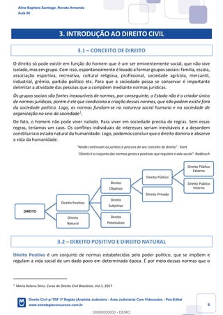 6
3. INTRODUÇÃO AO DIREITO CIVIL
3.1 – CONCEITO DE DIREITO
O direito só pode existir em função do homem que é um ser eminentemente social, que não vive
isolado, mas em grupo. Com isso, espontaneamente é levado a formar grupos sociais: família, escola,
associação esportiva, recreativa, cultural religiosa, profissional, sociedade agrícola, mercantil,
industrial, grêmio, partido político etc. Para que a sociedade possa se conservar é importante
delimitar a atividade das pessoas que a compõem mediante normas jurídicas.
Os grupos sociais são fontes inexauríveis de normas, por conseguinte, o Estado não é o criador único
de normas jurídicas, porém é ele que condiciona a criação dessas normas, que não podem existir fora
da sociedade política. Logo, as normas fundam-se na natureza social humana e na sociedade de
organização no seio da sociedade1
.
De fato, o homem não pode viver isolado. Para viver em sociedade precisa de regras. Sem essas
regras, teríamos um caos. Os conflitos individuais de interesses seriam inevitáveis e a desordem
constituiria o estado natural da humanidade. Logo, podemos concluir que o direito domina e absorve
a vida da humanidade.
“Ainda continuam os juristas à procura do seu conceito de direito”. Kant
“Direito é o conjunto das normas gerais e positivas que regulam a vida social”. Radbruch
3.2 – DIREITO POSITIVO E DIREITO NATURAL
Direito Positivo é um conjunto de normas estabelecidas pelo poder político, que se impõem e
regulam a vida social de um dado povo em determinada época. É por meio dessas normas que o
1
Maria Helena Diniz. Curso de Direito Civil Brasileiro. Vol.1. 2017
DIREITO
Direito Positivo
Direito
Objetivo
Direito Público
Direito Público
Externo
Direito Público
Interno
Direito Privado
Direito
Subjetivo
Direito
Potestativo
Direito
Natural
Aline Baptista Santiago, Renata Armanda
Aula 00
Direito Civil p/ TRF 3ª Região (Analista Judiciário - Área Judiciária) Com Videoaulas - Pós-Edital
www.estrategiaconcursos.com.br
0
00000000000 - DEMO
 