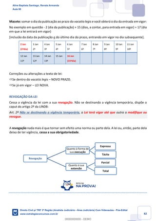 82
Macete: somar o dia da publicação ao prazo do vacatio legis e você obterá o dia da entrada em vigor:
No exemplo em questão - 2 (dia da publicação) + 15 (dias, a contar, para entrada em vigor) = 17 (dia
em que a lei entrará em vigor)
[inclusão da data da publicação e do último dia do prazo, entrando em vigor no dia subsequente].
2 Jan
(1ºdia)
3 Jan
2º
4 Jan
3º
5 Jan
4º
6 Jan
5º
7 Jan
6º
8 Jan
7º
9 Jan
8º
10 Jan
9º
11 Jan
10º
12 Jan
11º
13 Jan
12º
14 Jan
13º
15 Jan 16 Jan
(15ºdia)
Correções ou alterações a texto de lei:
Se dentro do vacatio legis – NOVO PRAZO.
Se já em vigor – LEI NOVA.
REVOGAÇÃO DA LEI
Cessa a vigência da lei com a sua revogação. Não se destinando a vigência temporária, dispõe o
caput do artigo 2º da LINDB:
Art. 2º Não se destinando a vigência temporária, a Lei terá vigor até que outra a modifique ou
revogue.
A revogação nada mais é que tornar sem efeito uma norma ou parte dela. A lei ou, então, parte dela
deixa de ter vigência, cessa a sua obrigatoriedade.
Revogação
Quanto à forma de
sua execução
Expressa
Tácita
Quanto à sua
extensão
Parcial
Total
Aline Baptista Santiago, Renata Armanda
Aula 00
Direito Civil p/ TRF 3ª Região (Analista Judiciário - Área Judiciária) Com Videoaulas - Pós-Edital
www.estrategiaconcursos.com.br
0
00000000000 - DEMO
 