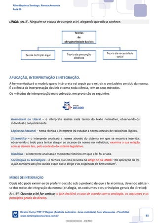 85
LINDB: Art.3°. Ninguém se escusa de cumprir a lei, alegando que não a conhece.
APLICAÇÃO, INTERPRETAÇÃO E INTEGRAÇÃO.
A hermenêutica é o modelo que o intérprete vai seguir para extrair o verdadeiro sentido da norma.
É a ciência da interpretação das leis e como toda ciência, tem os seus métodos.
Os métodos de interpretação mais cobrados em prova são os seguintes:
Gramatical ou Literal – o interprete analisa cada termo do texto normativo, observando-os
individual e conjuntamente.
Lógica ou Racional – nesta técnica o interprete irá estudar a norma através de raciocínios lógicos.
Sistemática – o interprete analisará a norma através do sistema em que se encontra inserida,
observando o todo para tentar chegar ao alcance da norma no individual, examina a sua relação
com as demais leis, pelo contexto do sistema legislativo.
Histórica – o interprete analisará o momento histórico em que a lei foi criada.
Sociológica ou teleológica – é técnica que está prevista no artigo 5º da LINDB: “Na aplicação da lei,
o juiz atenderá aos fins sociais a que ela se dirige e as exigências do bem comum”.
MEIOS DE INTEGRAÇÃO
O juiz não pode eximir-se de proferir decisão sob o pretexto de que a lei é omissa, devendo utilizar-
se dos meios de integração da norma (analogia, os costumes e os princípios gerais do direito):
Art. 4º. Quando a lei for omissa, o juiz decidirá o caso de acordo com a analogia, os costumes e os
princípios gerais do direito.
Teorias
da
obrigatoriedade das leis
Teoria da ficção legal Teoria da presunção
absoluta
Teoria da necessidade
social
Aline Baptista Santiago, Renata Armanda
Aula 00
Direito Civil p/ TRF 3ª Região (Analista Judiciário - Área Judiciária) Com Videoaulas - Pós-Edital
www.estrategiaconcursos.com.br
0
00000000000 - DEMO
 