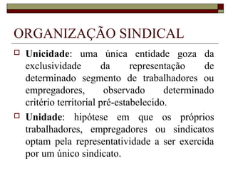 Liberdade sindical
 a criação de associações e, na forma
da lei, a de cooperativas independem
de autorização, sendo vedada a
interferência estatal em seu
funcionamento (CF, artigo 5º, XVII
e XVIII).
 