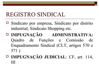 ORGANIZAÇÃO SINDICAL
 Sindicatos: associação civil com o objetivo
de tutelar os interesses dos integrantes da
categoria que representa. Têm como área
mínima de atuação os limites de determinado
Município, não obstante a existência de
associações que abrangem mais de um
Município, um Estado inteiro da Federação e
até todo o País (CLT, artigos 533/537).
 