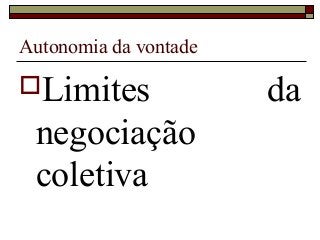 Autonomia da vontade
Limites da
negociação
coletiva
 