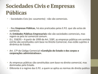 Conceito de sociedades
comerciais
• A) a sociedade tem que se revestir de um tipo caracteristico
de sociedade comercial
• B) obrigatoriedade de respeitar o regime estabelecido na lei
comercial para essa sociedade;
 
