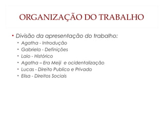 ORGANIZAÇÃO DO TRABALHO
• Divisão da apresentação do trabalho:
• Agatha - Introdução
• Gabriela - Definições
• Laio - Histórico
• Agatha – Era Meiji e ocidentalização
• Lucas - Direito Publico e Privado
• Elisa - Direitos Sociais
 