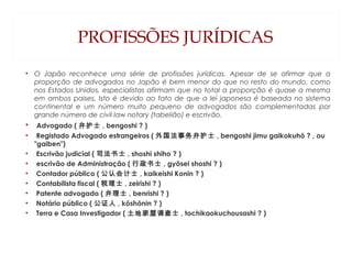 PROFISSÕES JURÍDICAS
• O Japão reconhece uma série de profissões jurídicas. Apesar de se afirmar que a
proporção de advogados no Japão é bem menor do que no resto do mundo, como
nos Estados Unidos, especialistas afirmam que no total a proporção é quase a mesma
em ambos paises. Isto é devido ao fato de que a lei japonesa é baseada no sistema
continental e um número muito pequeno de advogados são complementadas por
grande número de civil law notary (tabelião) e escrivão.
• Advogado ( 弁护士 , bengoshi ? )
• Registado Advogado estrangeiros ( 外国法事务弁护士 , bengoshi jimu gaikokuhō ? , ou
"gaiben")
• Escrivão judicial ( 司法书士 , shoshi shiho ? )
• escrivão de Administração ( 行政书士 , gyōsei shoshi ? )
• Contador público ( 公认会计士 , kaikeishi Konin ? )
• Contabilista fiscal ( 税理士 , zeirishi ? )
• Patente advogado ( 弁理士 , benrishi ? )
• Notário público ( 公证人 , kōshōnin ? )
• Terra e Casa Investigador ( 土地家屋调查士 , tochikaokuchousashi ? )
 