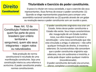 DireitoConstitucionalTitularidade e Exercício do poder constituinte.O povo é o titular em nossa sociedade, e que o exercita são seus representantes. Duas formas de evocar o poder constituinte: (1) Quando se elege representantes populares para compor uma assembléia nacional constituinte ou (2) quando através de um golpe ou revolução exerce o poder constituinte sem ser ouvido o povo.Povo: Art. 12 da Constituição Federal mostra quem faz parte do povo brasileiro (por critério territorial e sanguíneo), quem são seus integrantes – sejam natos ou naturalizadosO poder constituinte originário visa criar um Estado. Antes desse poder constituinte o Estado não existe. Seus traços característicos são: inauguração de um Estado Jurídico novo, sua obra inaugural é escrever a constituição – uma nova constituição que não esta vinculada a antiga; é soberano – não sofre qualquer limitação de direito, é irrestrito e soberano. Os Jusnaturalistas não concordam que o poder constituinte originário seja soberano, mas sim autônomo e irrestrito, e ainda pode dispor sobre qualquer matéria (incondicionado).O poder constituinte derivado visa arrumar, alterar, completar a constituição existente.Toda produção de norma constitucional é resultado de uma manifestação constituinte. Seja uma constituição inteira ou uma reforma e acréscimo. O poder constituinte produz normas constitucionais.